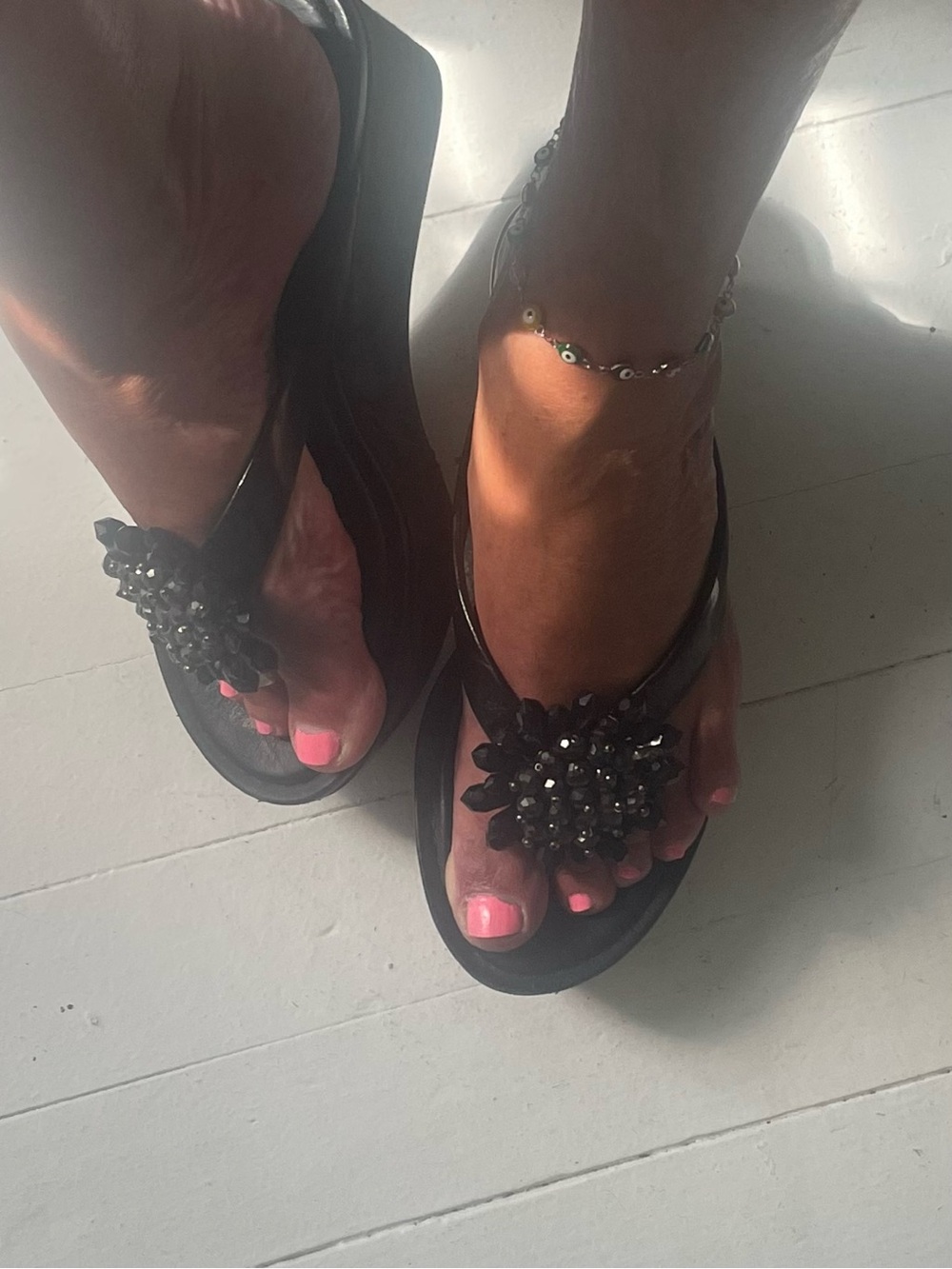 Coach Black Beaded Floral Platform Sandals
